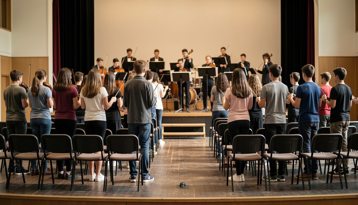 A youth orchestra warming up on stage before an audition round, stands and chairs in neat rows.
