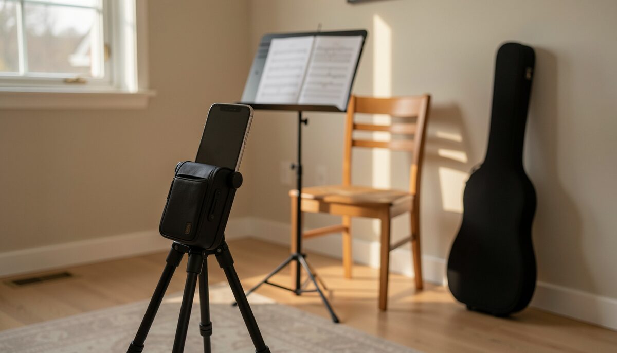 A smartphone standing on a small tripod in a living room with its back to the camera, pointed at a music stand that holds a single sheet of music, a plain wooden chair beside the stand, a closed black instrument case standing on the floor, no person in the frame, late afternoon light through a window, the printed sheet blurred and unreadable