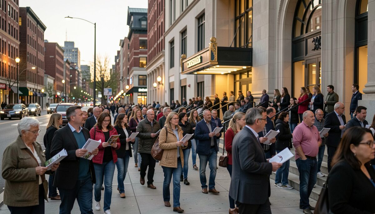 An audience filing into a downtown Cleveland concert hall at dusk, programme books in hand, banners absent from the frame.