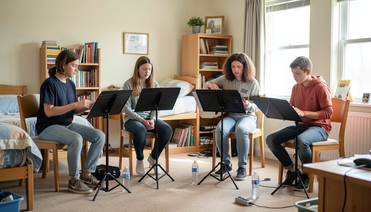 Four students at music stands in a dorm common room rehearsing a quartet, water bottles and metronomes on the floor.