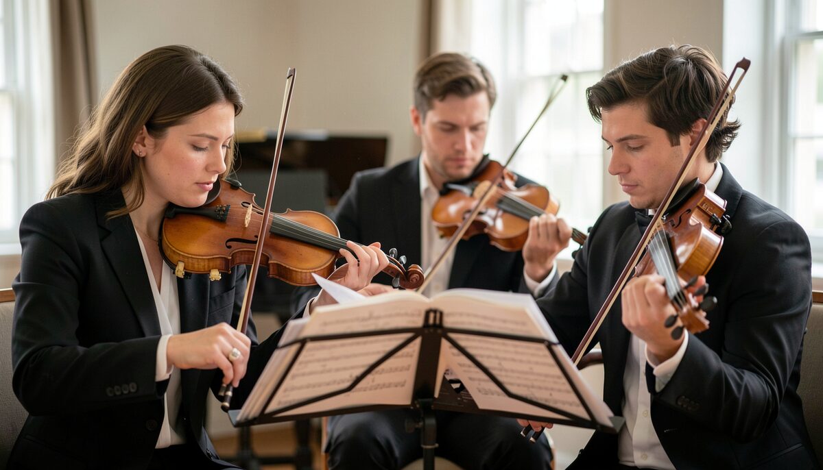 Two violinists and a violist reading from a shared score, the page turned mid-phrase, faces concentrated.