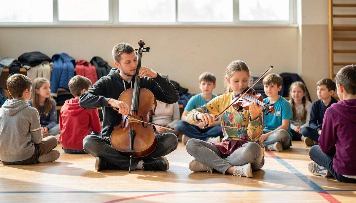 A cellist and violinist playing for schoolchildren seated cross-legged on a gymnasium floor, coats piled behind them.