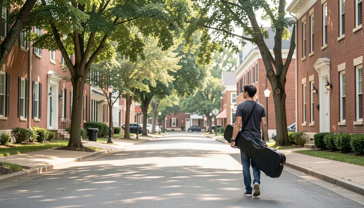 A quiet tree-lined street in a small Ohio college town in summer, a student carrying a violin case past brick buildings.