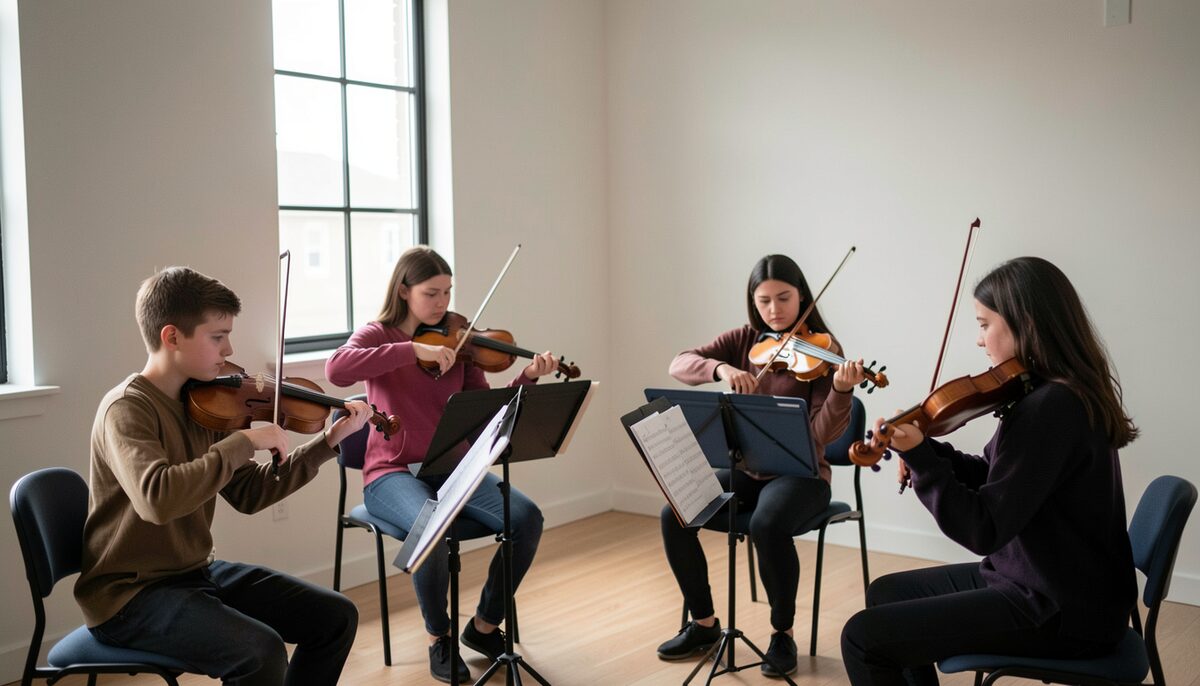 A documentary photograph of four young string players rehearsing in a bare practice room, bows mid-stroke, music stands and open scores, plain daylight from a tall window.