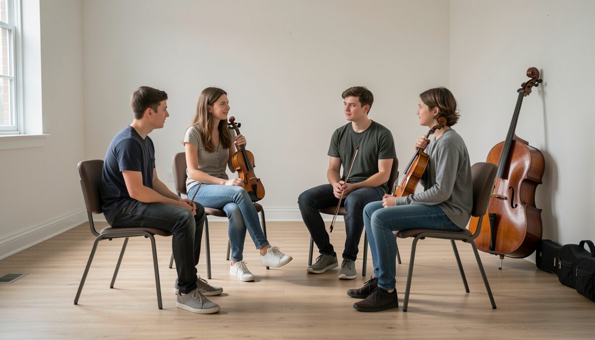 Four teenage string players seated in a loose circle of chairs in a bare practice room, talking, a violin and a viola resting on their laps and a cello leaning against the wall beside them, a cello case on the floor, afternoon daylight, no guitar anywhere in the room