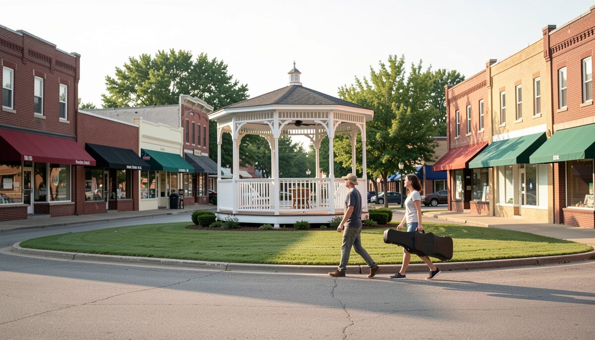 A small American midwestern town square in summer, a white wooden bandstand on a green lawn in the centre, low brick storefronts with awnings around it, two people crossing the square carrying instrument cases, late afternoon light, midwestern United States, no european architecture