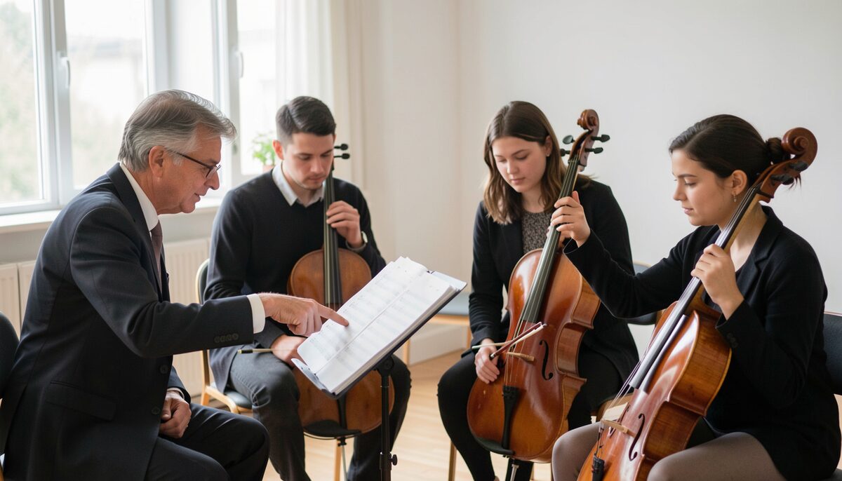 A coach seated beside a string quartet in a bright studio, pointing at a score while four students lean in with instruments resting.