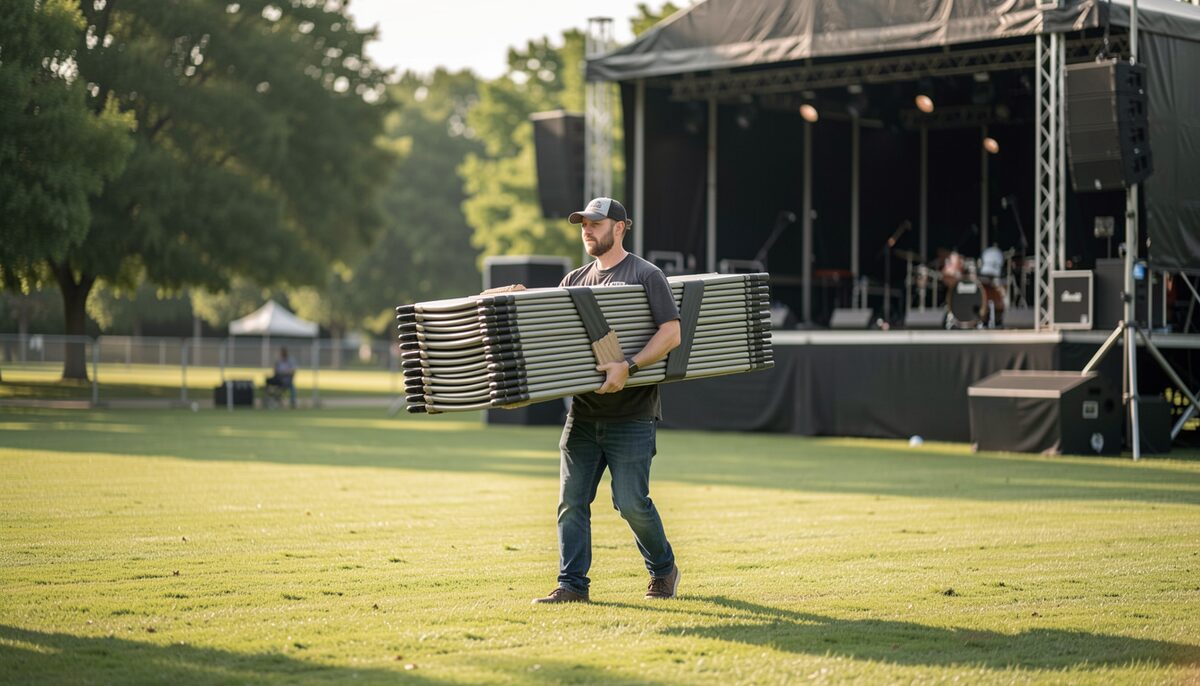 A volunteer carrying a stack of folding chairs across a lawn toward an outdoor stage being set up.